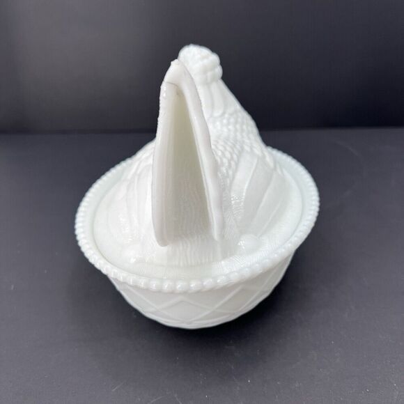 Antique Milk Glass Large Nesting Chicken Hen on Basket Covered Dish - Picture 7 of 12